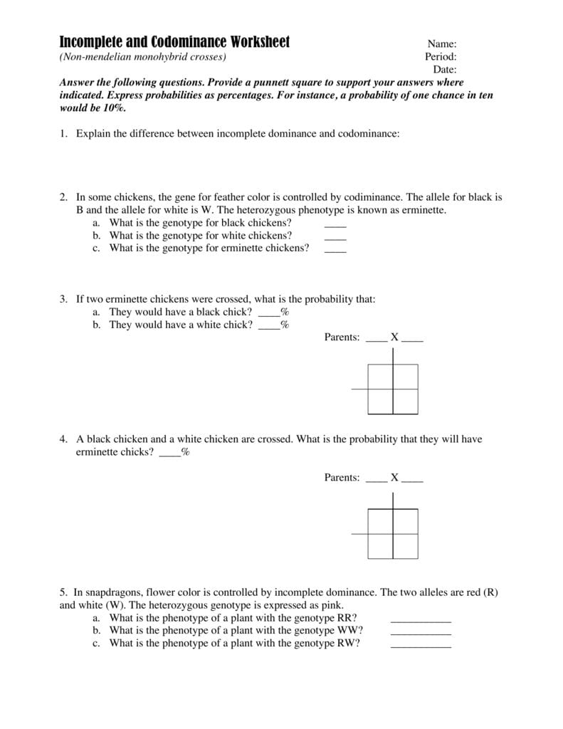 Incomplete And Codominance Worksheet In Codominance Incomplete Dominance Worksheet Answers