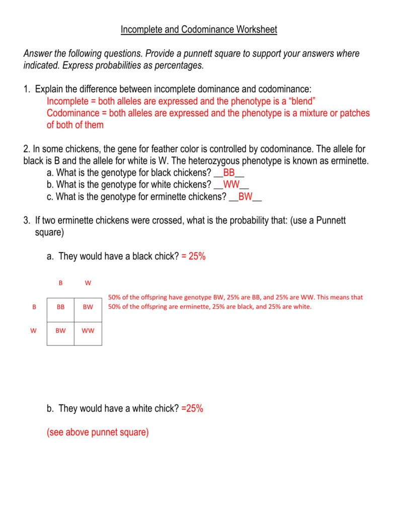 Incompleteandcodominance Or Codominance Incomplete Dominance Worksheet Answers