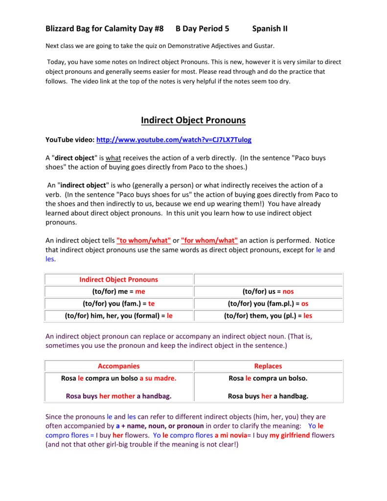 Indirect Object Pronouns With Regard To Indirect Object Pronouns Spanish Worksheet