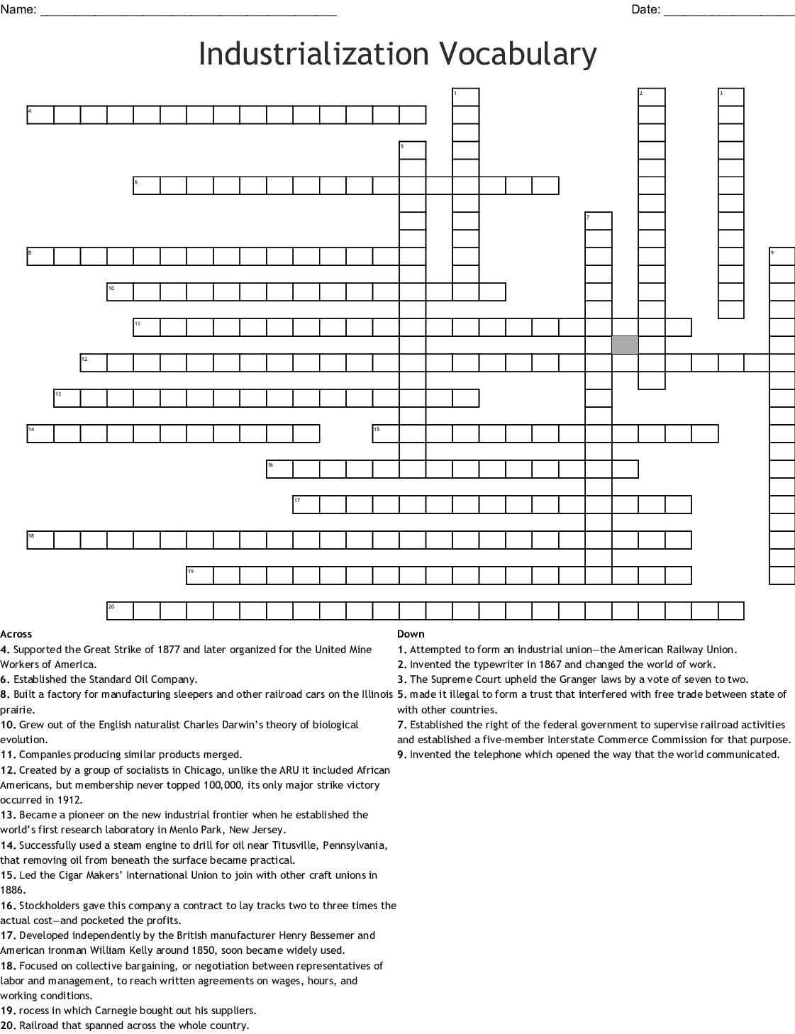 Industrialization Vocabulary Crossword  Wordmint Inside Industrialization Vocabulary Worksheet