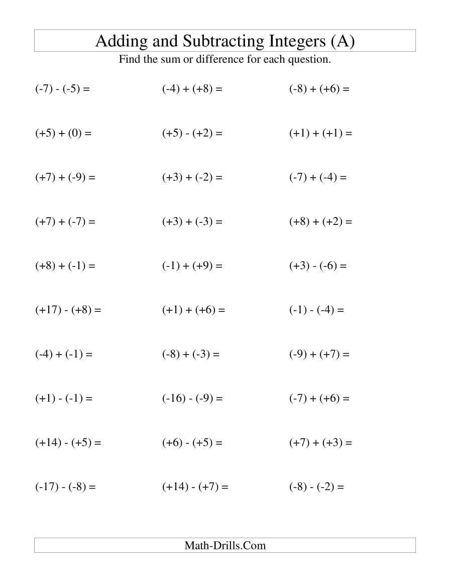 Integer Addition And Subtraction With Parentheses Around All Regarding Integers Worksheet Grade 7