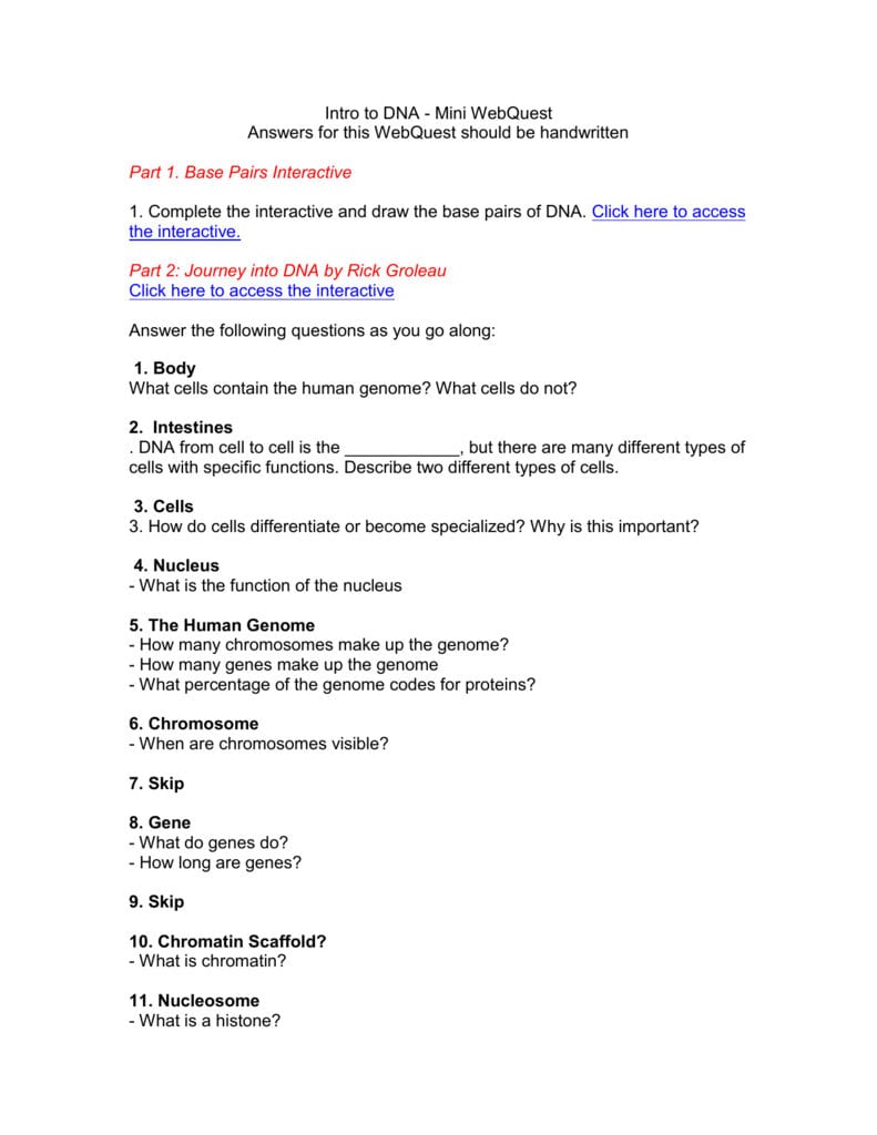 Intro To Dna  Mini Webquest Along With Dna Interactive Worksheet Answer Key