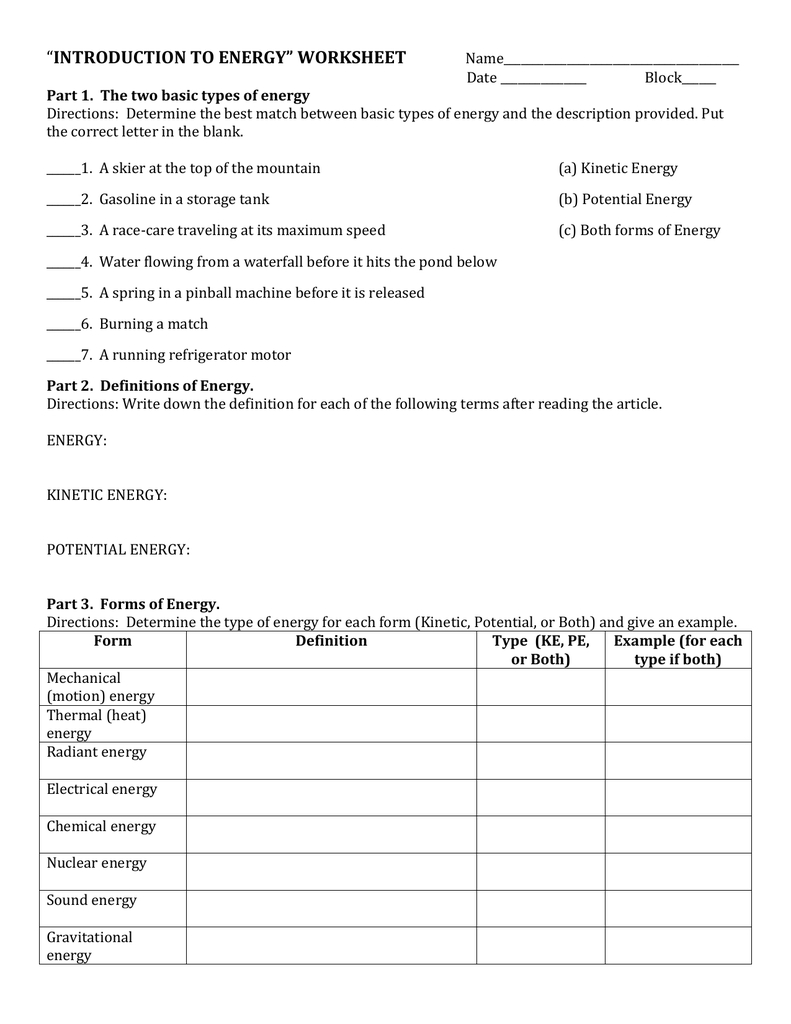 Introduction To Energy Worksheet Also Introduction To Energy Worksheet Answers