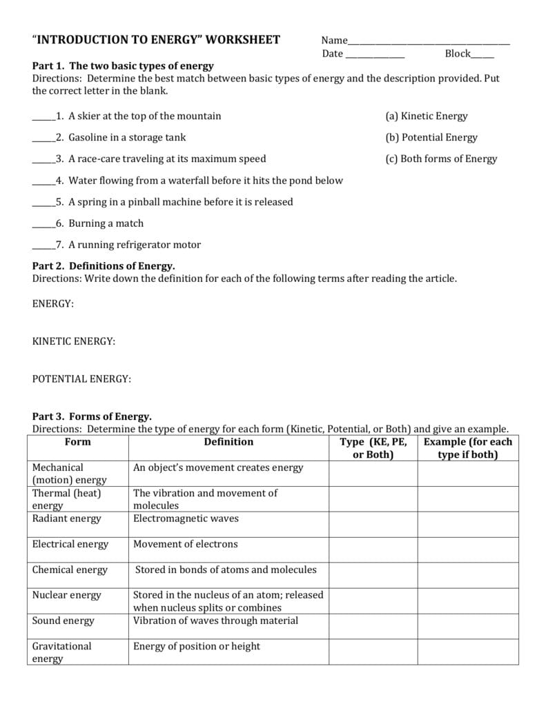 Introduction To Energy Worksheet Also Types Of Energy Worksheet