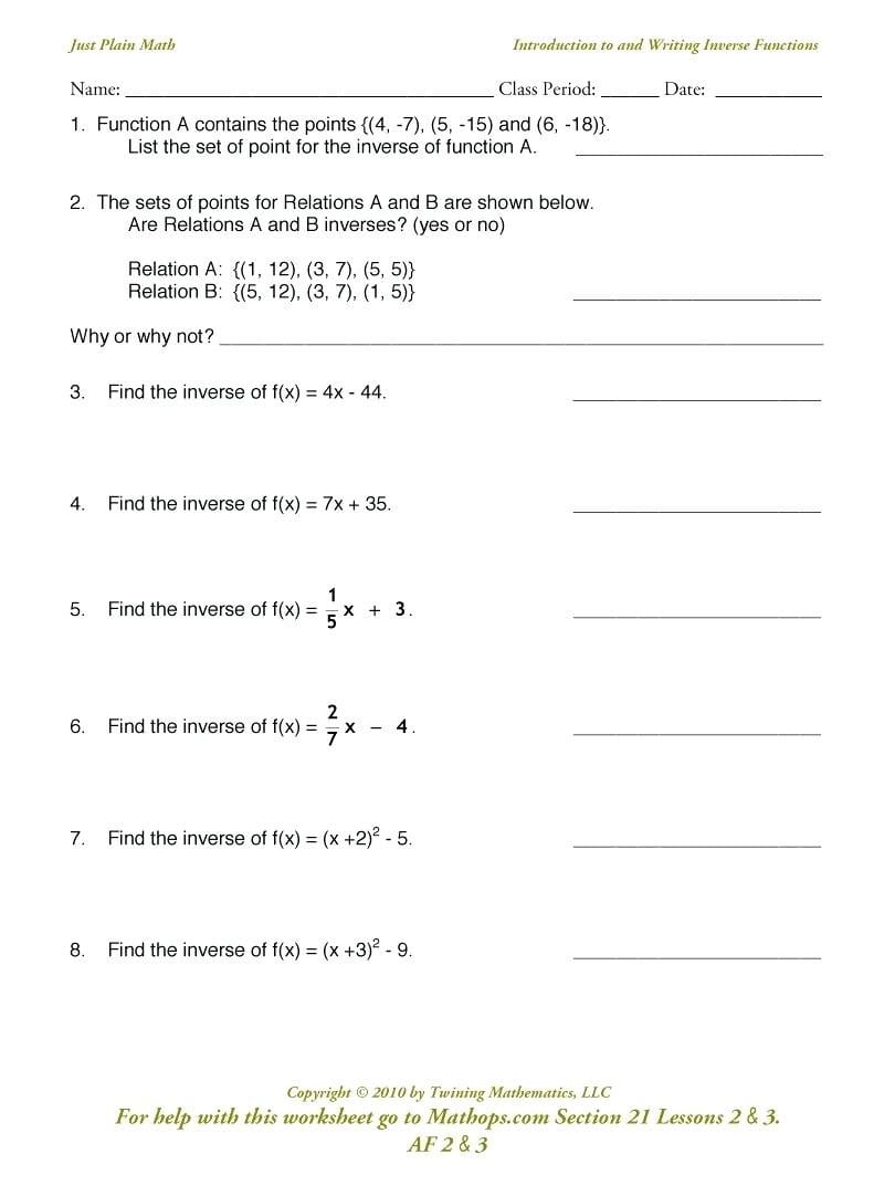 Inverse Relations Math Inverse Relations And Functions Worksheet Regarding Inverse Functions Worksheet