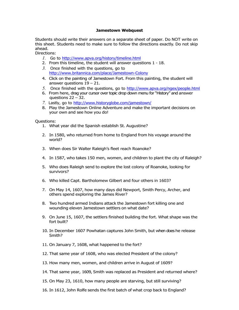 Jamestown Webquest With Early Jamestown Colony Worksheet Answer Key