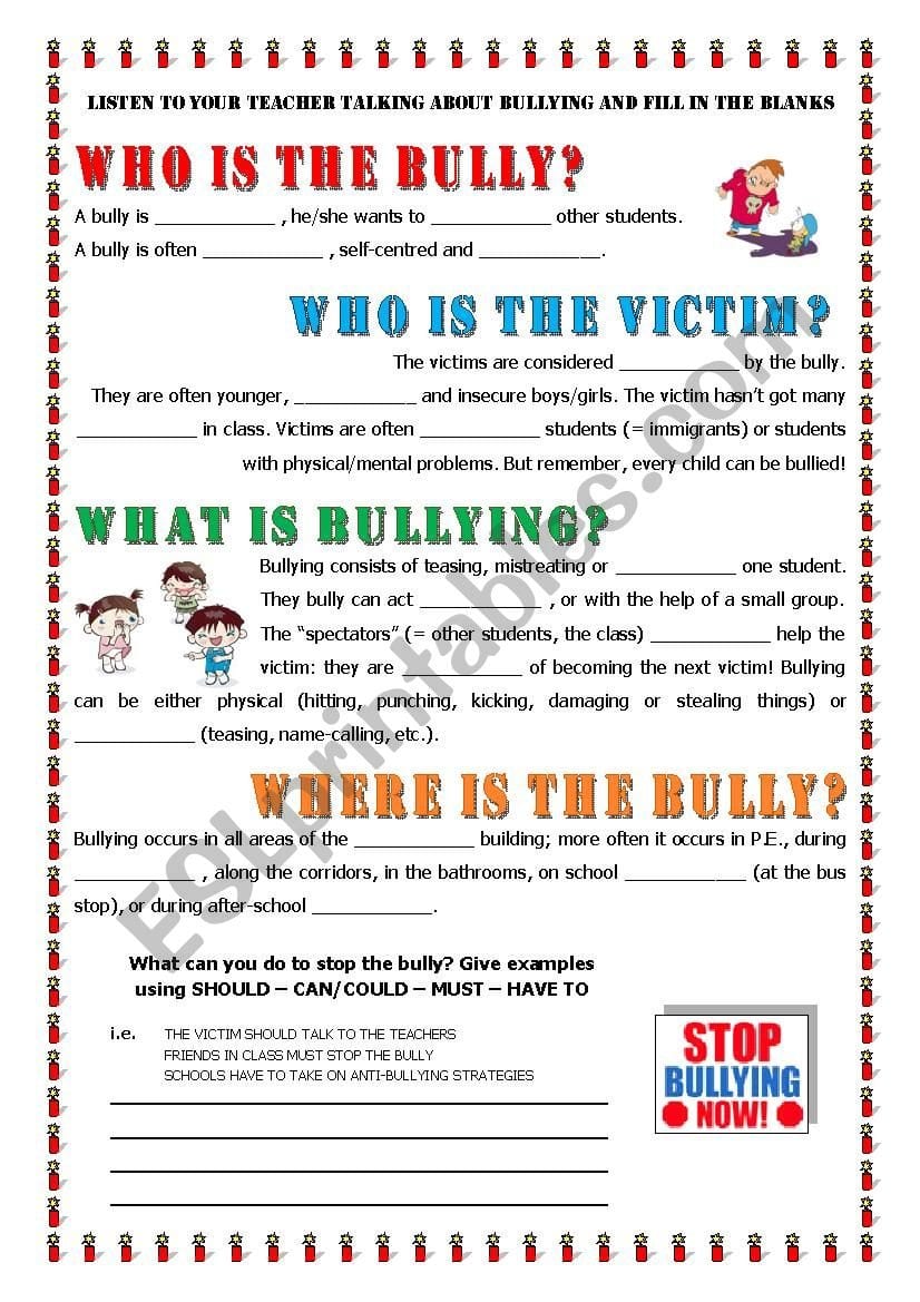 Key Informaton About Bullying  Esl Worksheetalex076 For Worksheets On Bullying For Elementary Students