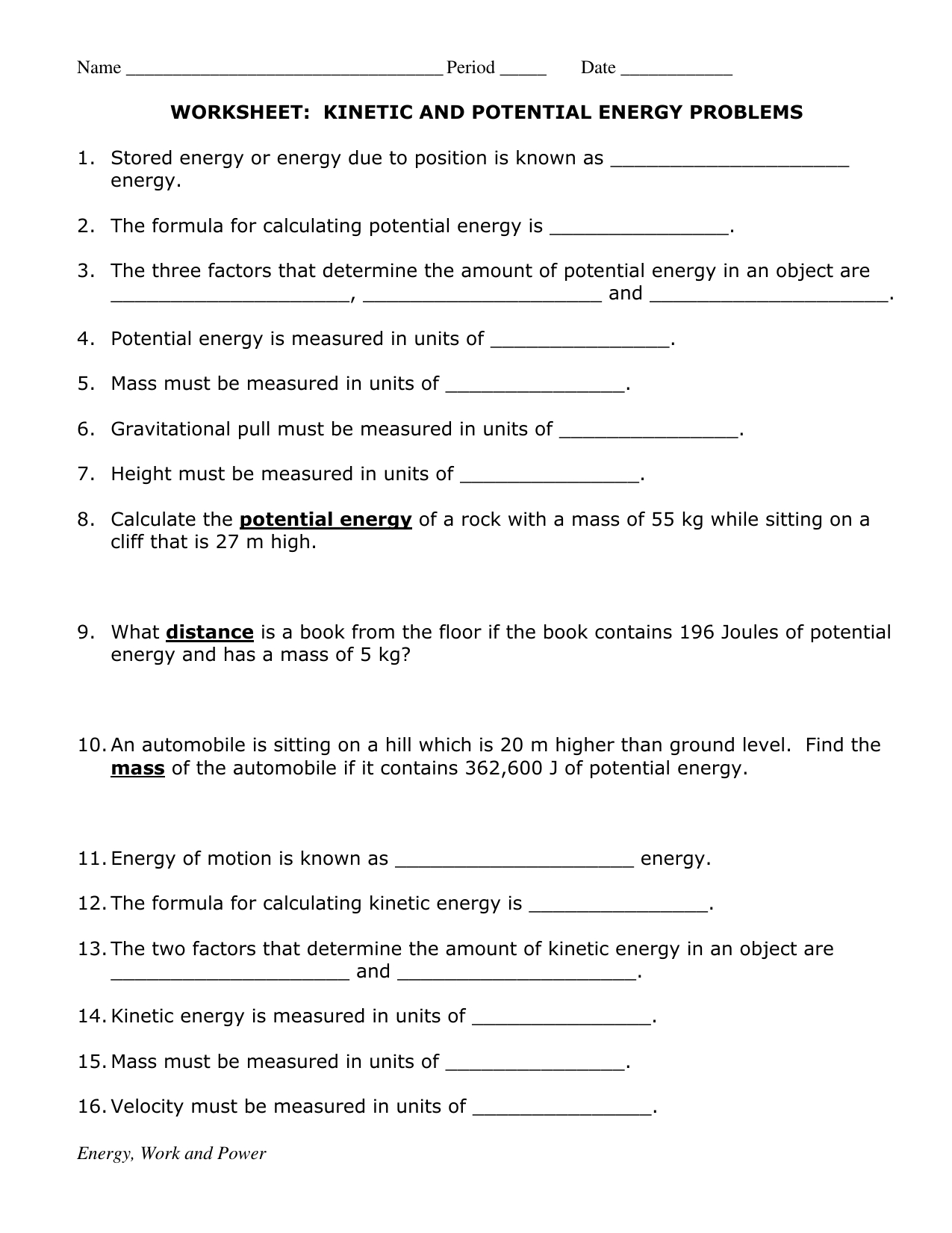 Kinetic And Potential Energy Problems For Worksheet Kinetic And Potential Energy Problems