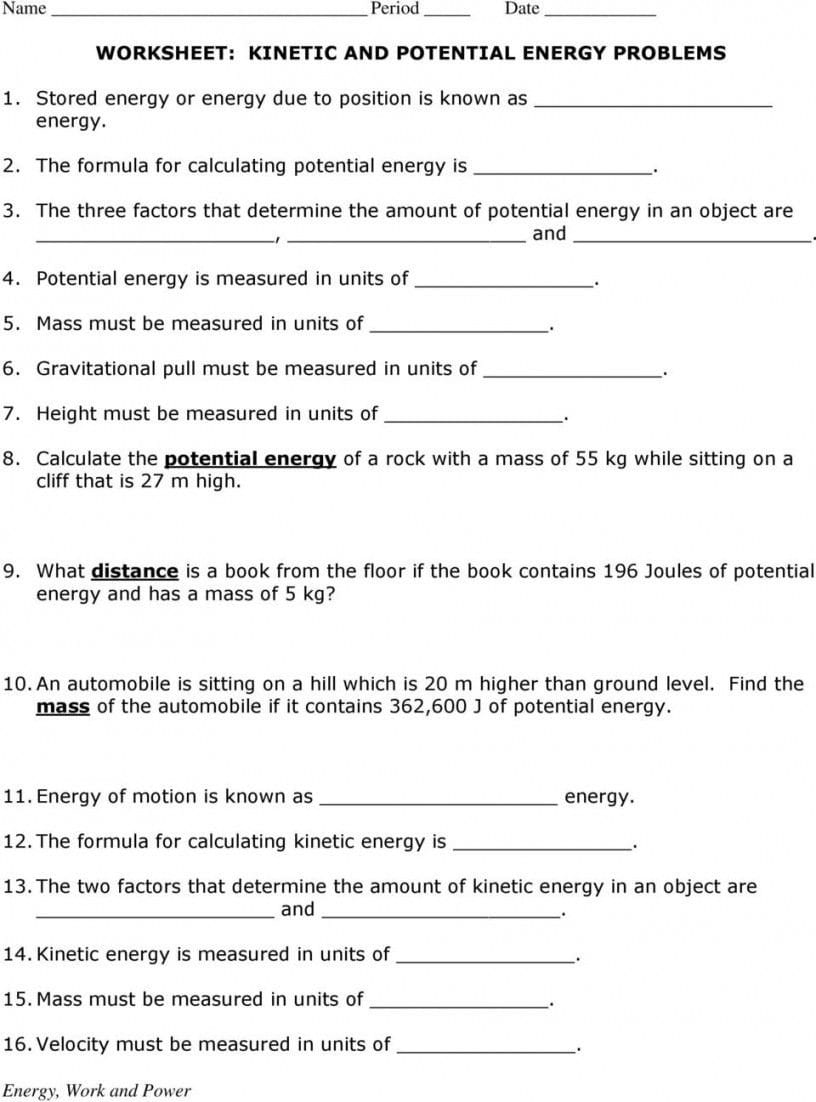 Kinetic And Potential Energy Problems Worksheet Answers With Regard To Worksheet Kinetic And Potential Energy Problems Answer Key