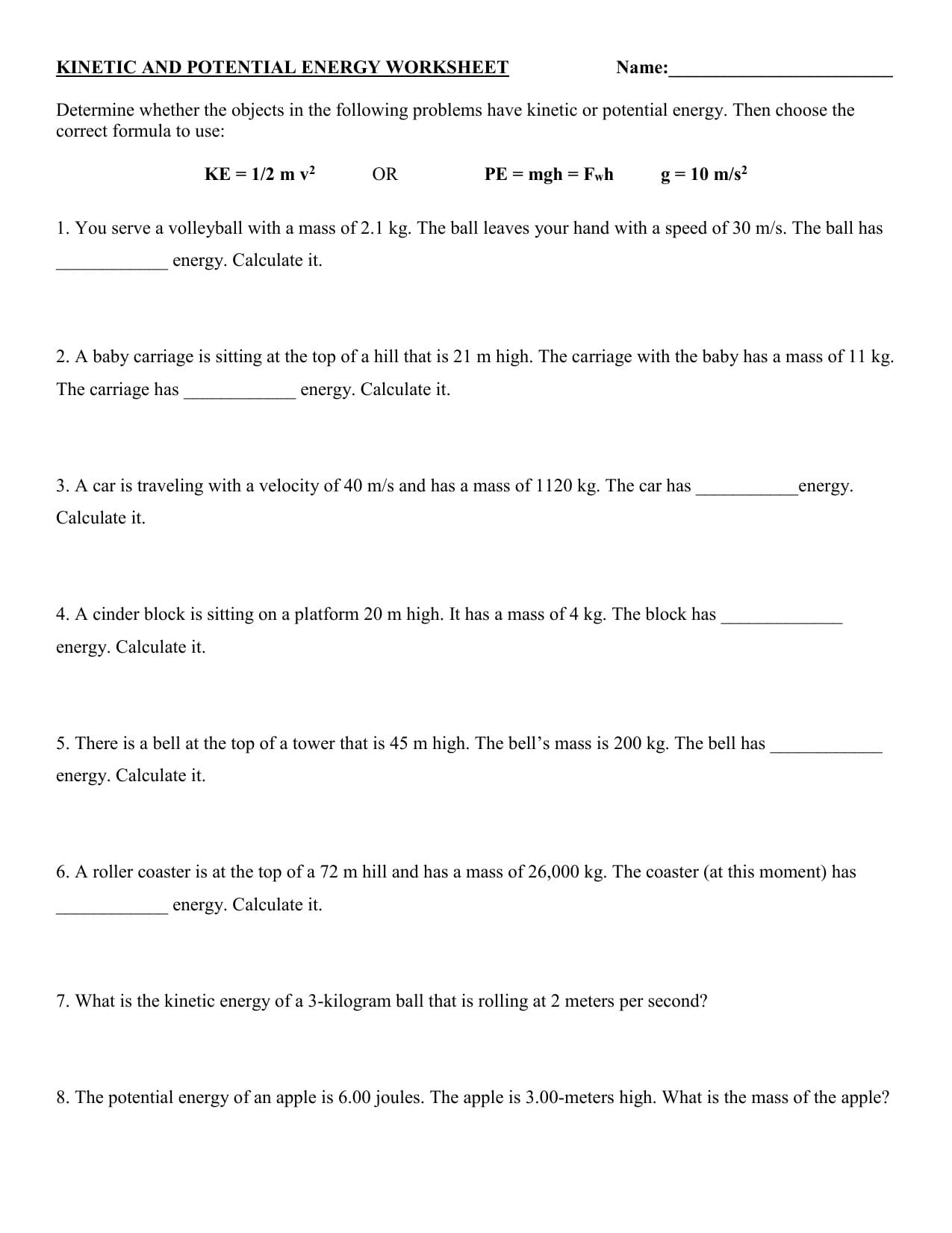 Kinetic And Potential Energy Worksheet With Regard To Kinetic Energy And Potential Energy Worksheet
