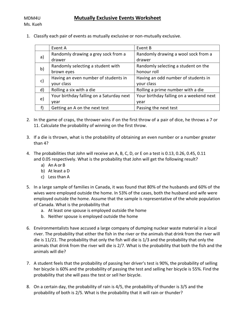 Lesson 6 – Mutually Exclusive Events Worksheet Along With Probability Of Compound Events Worksheet