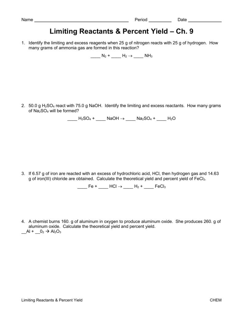 Limiting Reactants Worksheet Along With Limiting Reactants Chem Worksheet 12 3