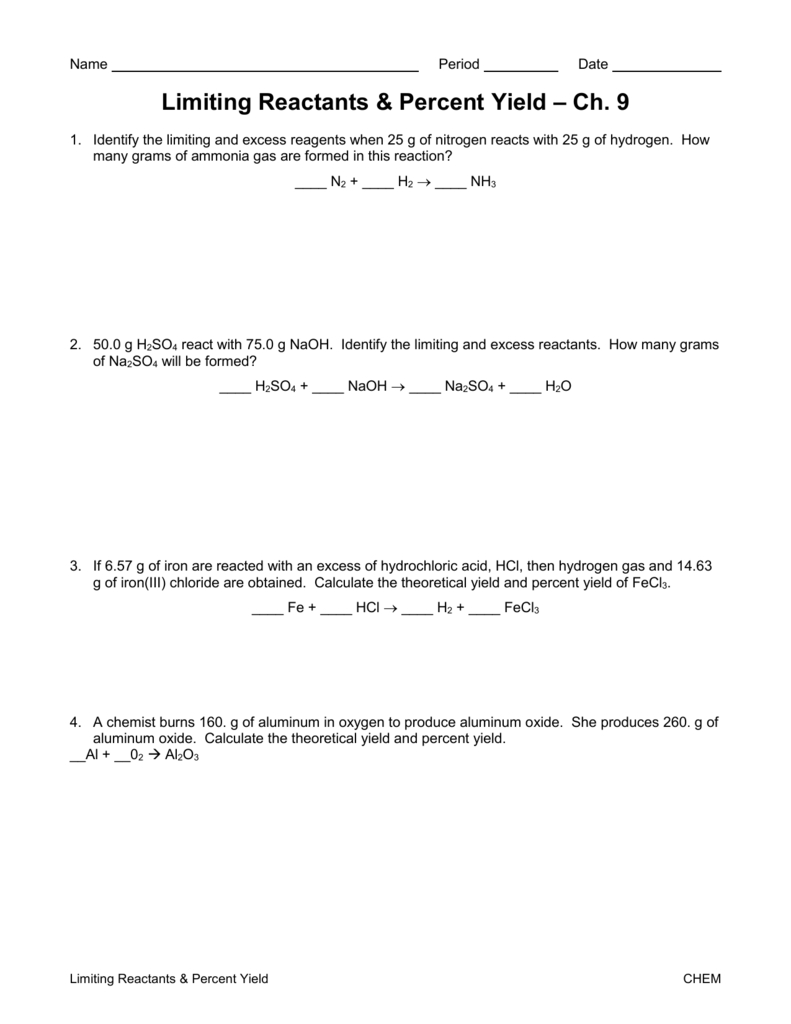 Limiting Reactants Worksheet Or Limiting Reactant Worksheet Answers