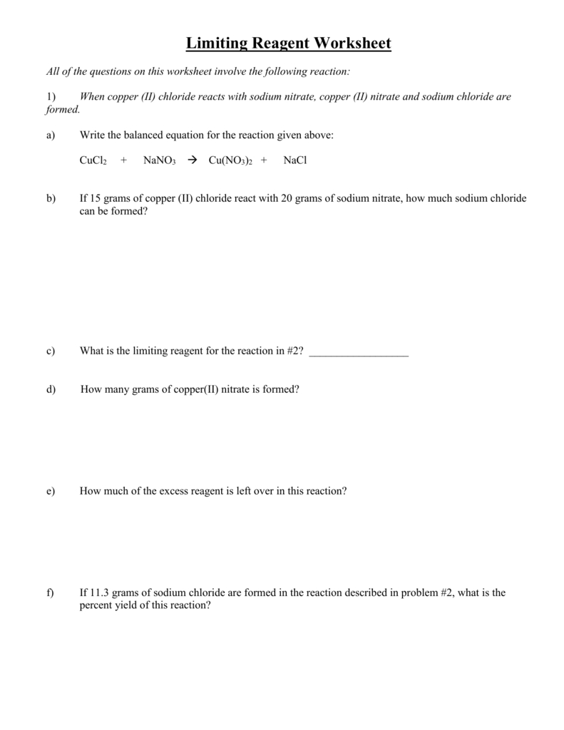 Limiting Reagent Worksheet For Limiting Reagent Worksheet Answer Key With Work
