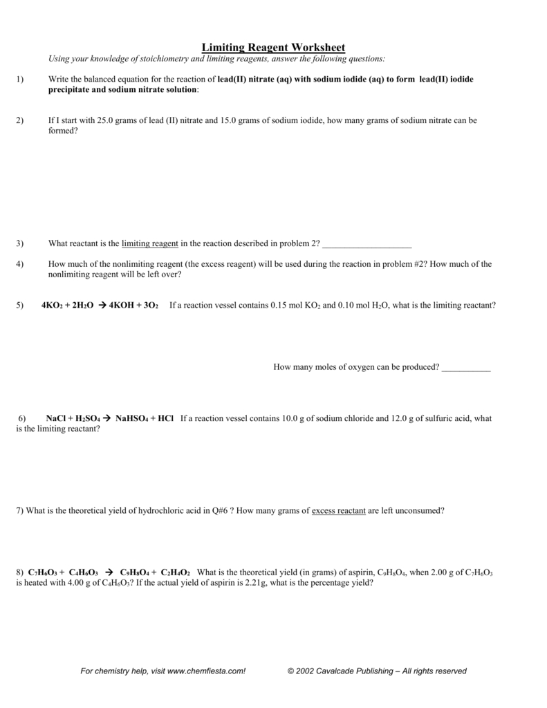 Limiting Reagent Worksheet Regarding Limiting Reactant Worksheet Answers