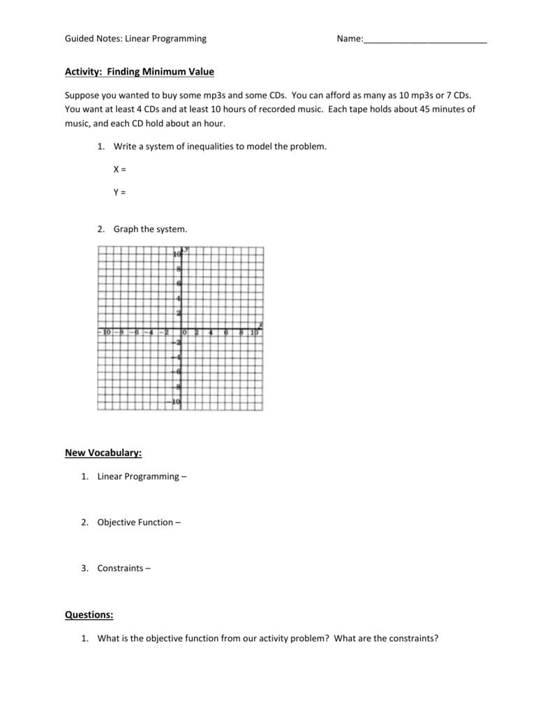 Linear Programming Basics Guided Notes Also Linear Programming Worksheet