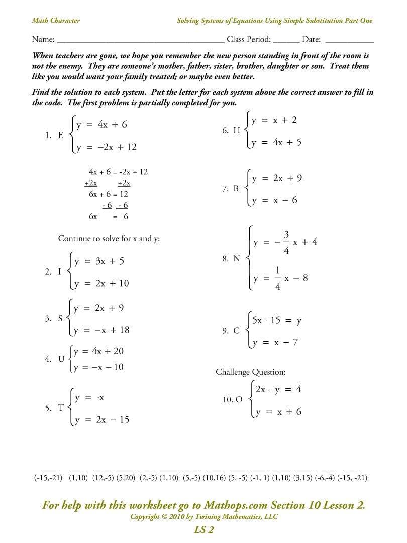 Ls 2 Solving Systems Of Equations Using Simple Substitution Part Also Solving Systems Of Linear Equations By Substitution Worksheet