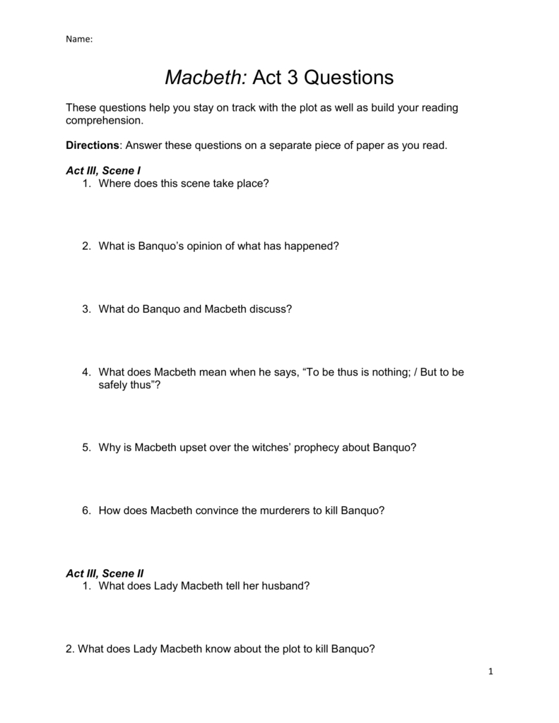 Macbeth Act 3 Questions For Macbeth Act 3 Vocabulary Worksheet