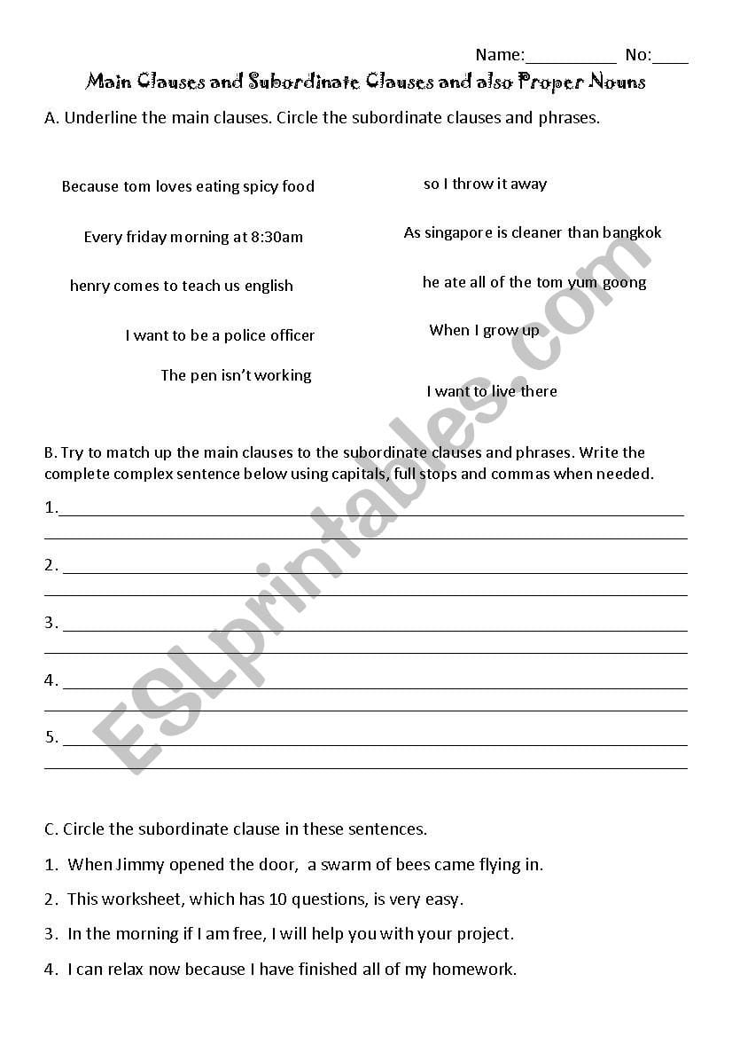 Main Clauses Ad Subordinate Clauses  Esl Worksheetpenot And Subordinate Clause Worksheet