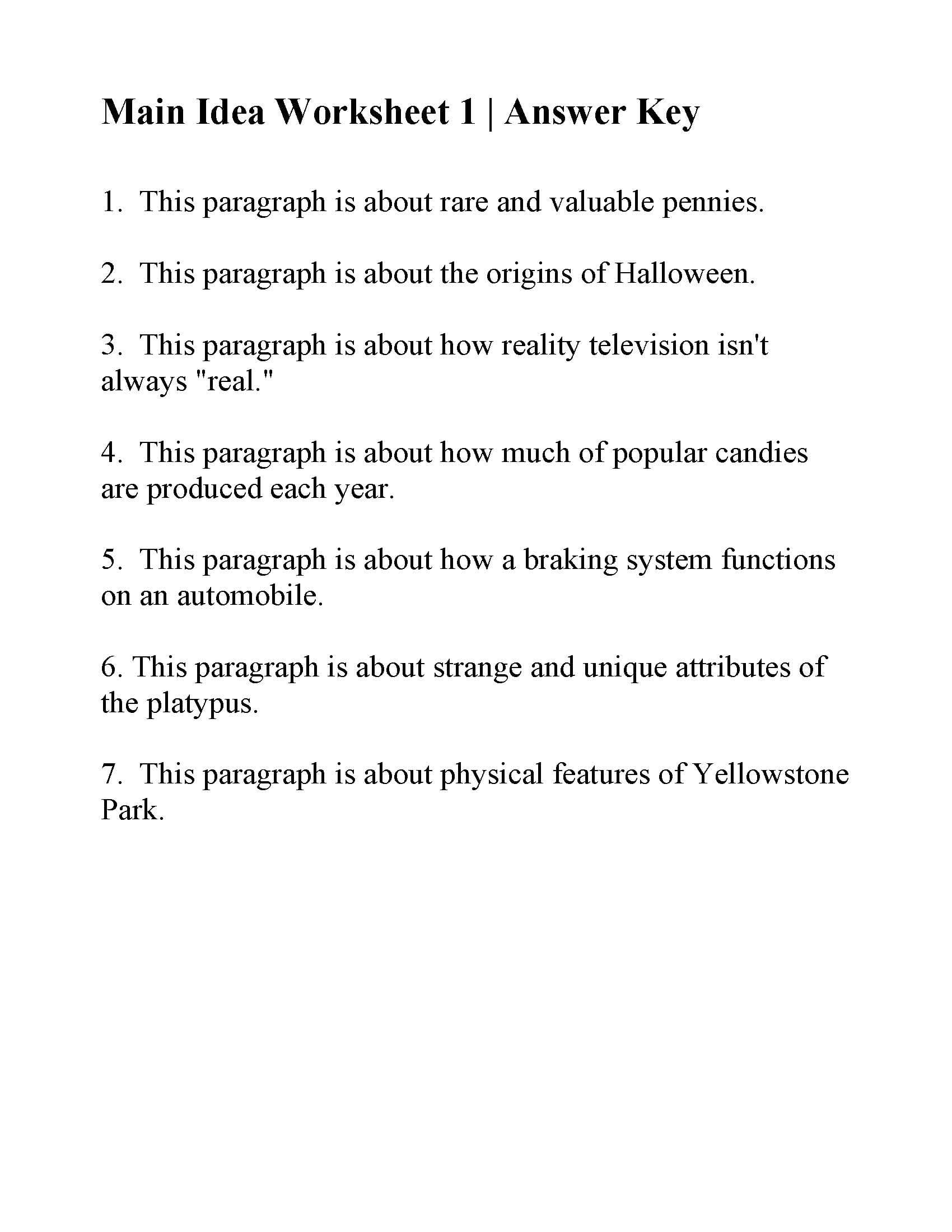 Main Idea Worksheet 1  Answers Inside Free Printable Main Idea Worksheets