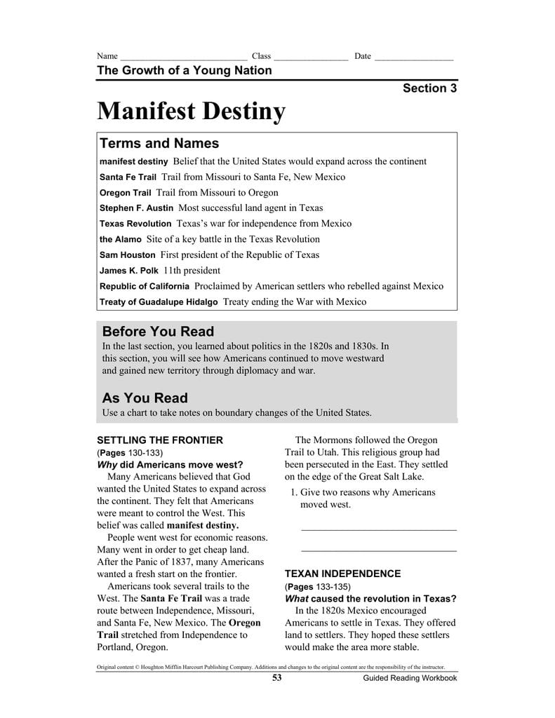Manifest Destiny Worksheet Pertaining To Manifest Destiny Worksheet Answers