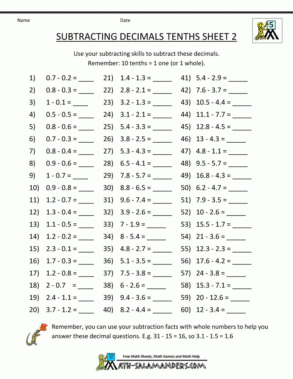 Math Worksheets Decimals Subtraction Together With Math Decimal Worksheets