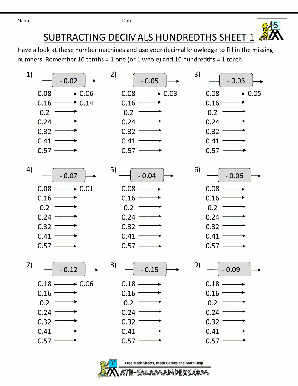 Math Worksheets Decimals Subtraction With Math Decimal Worksheets
