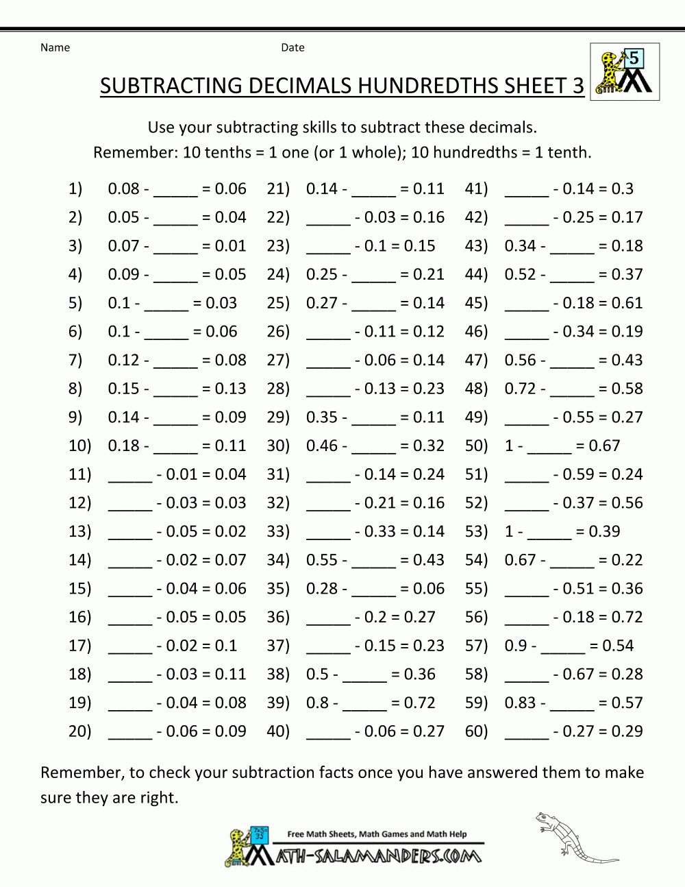 Math Worksheets Decimals Subtraction Within Math Decimal Worksheets