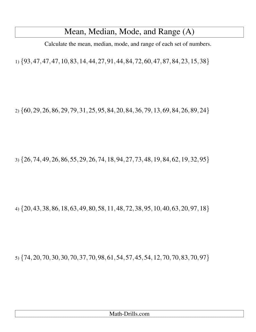 Mean Median Mode And Range  Unsorted Sets Sets Of 20 From 10 To Or Mean Median Mode Word Problems Worksheets Pdf