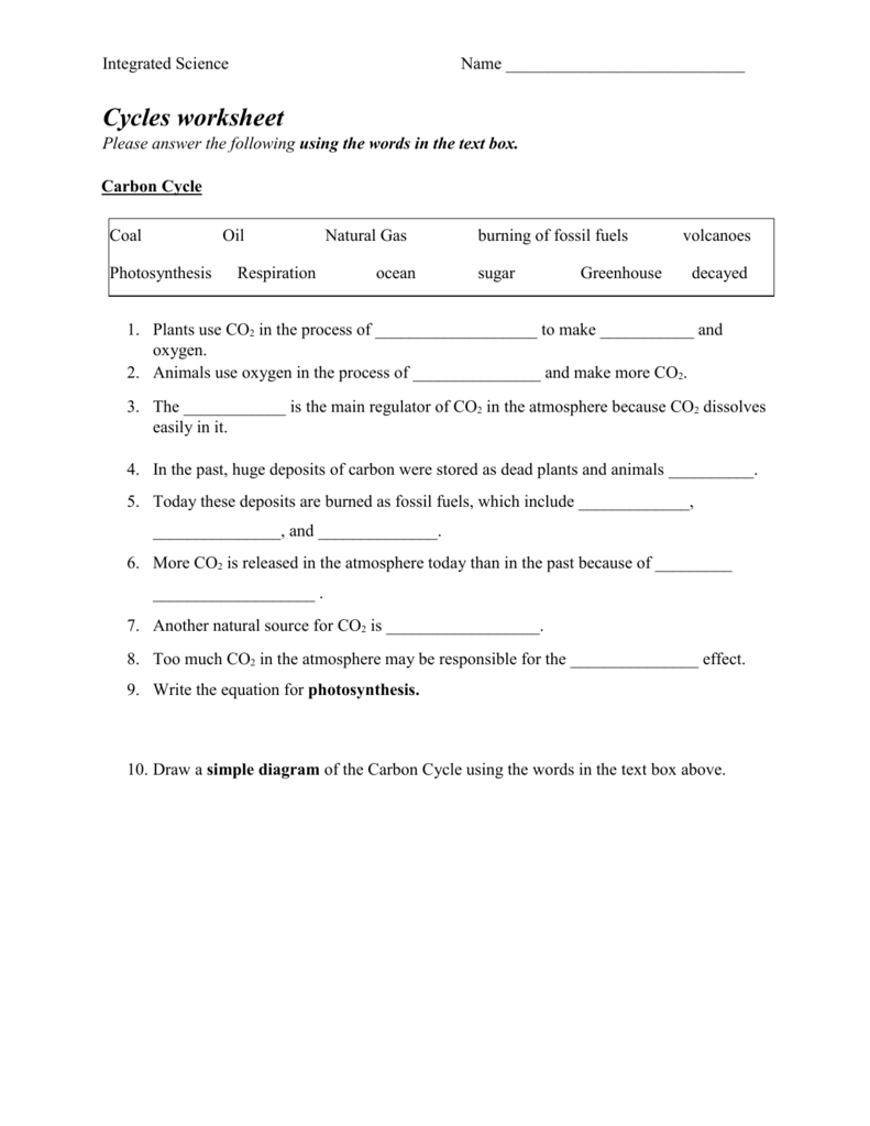 Microsoft Word  Cycles Worksheetdoc For Water Carbon And Nitrogen Cycle Worksheet Color Sheet Answers
