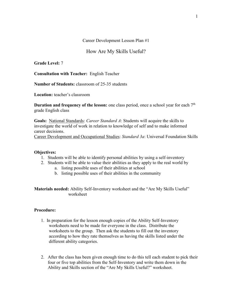 Middle School Career Development Lesson Plans Within Career Worksheets For Middle School