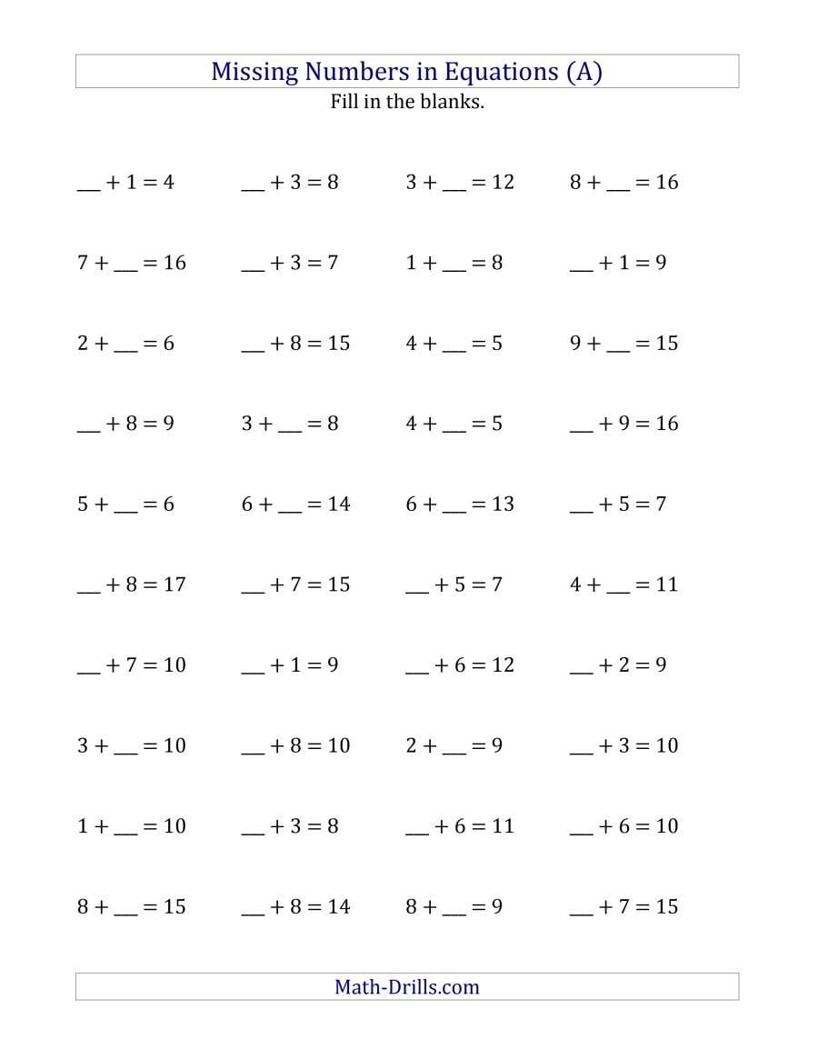 Missing Numbers In Equations Blanks  Addition Range 1 To 9 A Together With Finding The Missing Number In An Equation Worksheets