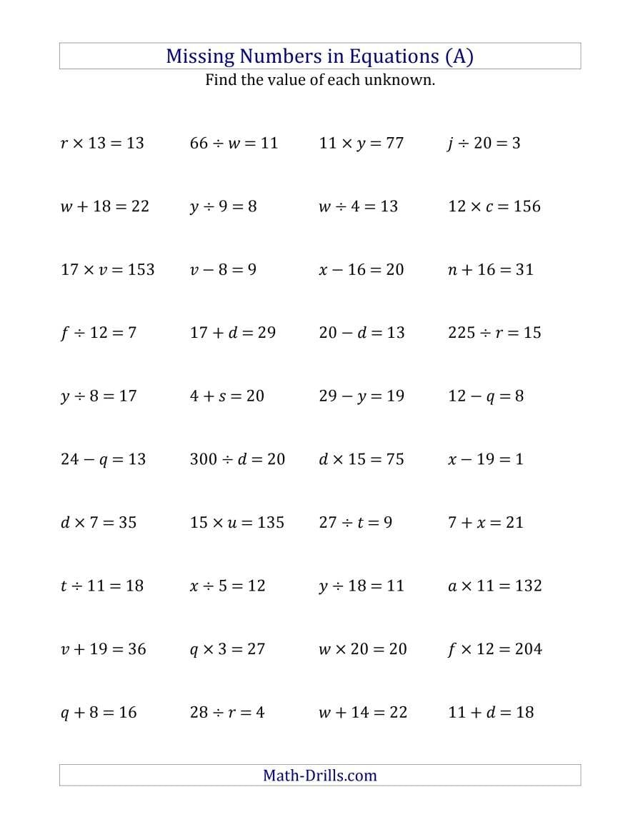 Missing Numbers In Equations Variables  All Operations Range 1 As Well As Finding The Missing Number In An Equation Worksheets