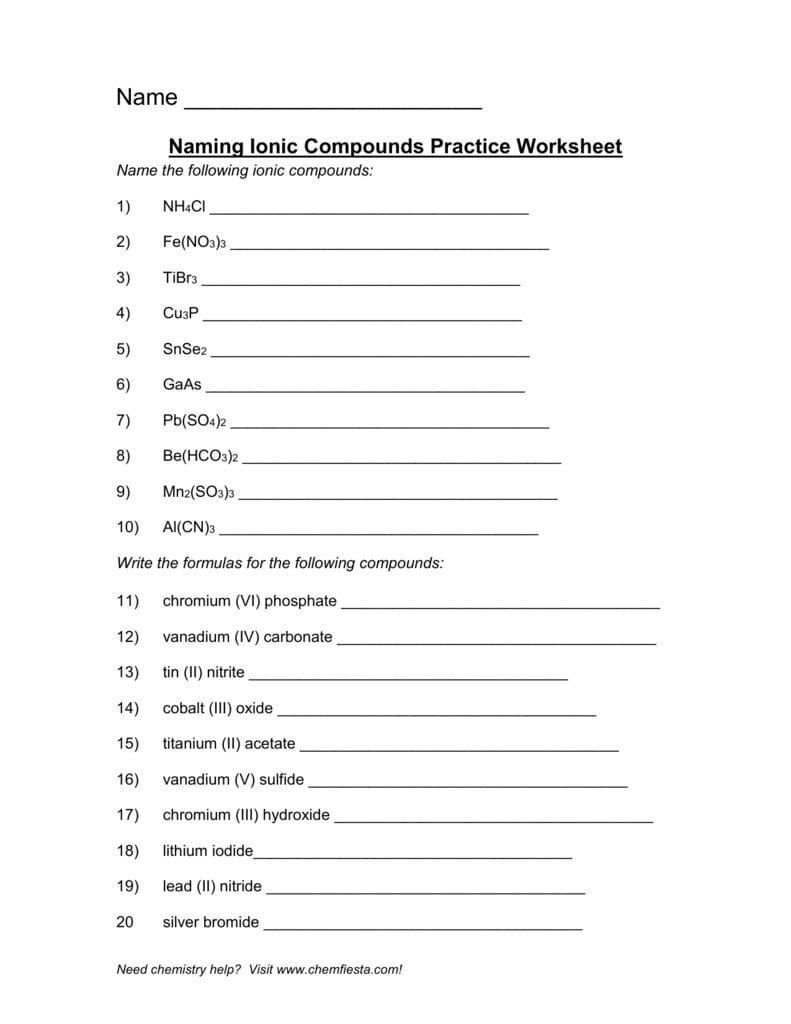 Mixed Ioniccovalent Compound Naming For Naming Compounds Worksheet