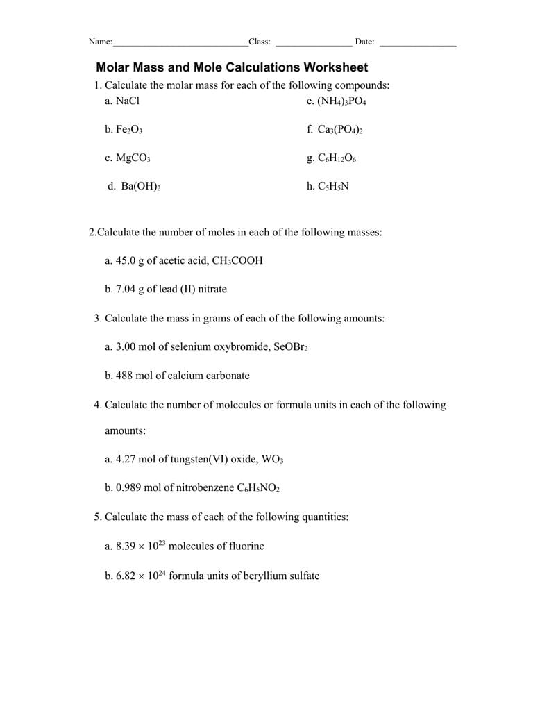 Molar Mass And Mole Calculations Worksheet Inside Mole Calculation Worksheet