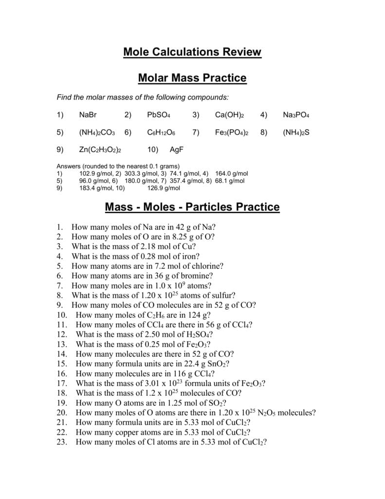 Molar Mass Practice Worksheet As Well As Molar Mass Worksheet Answers