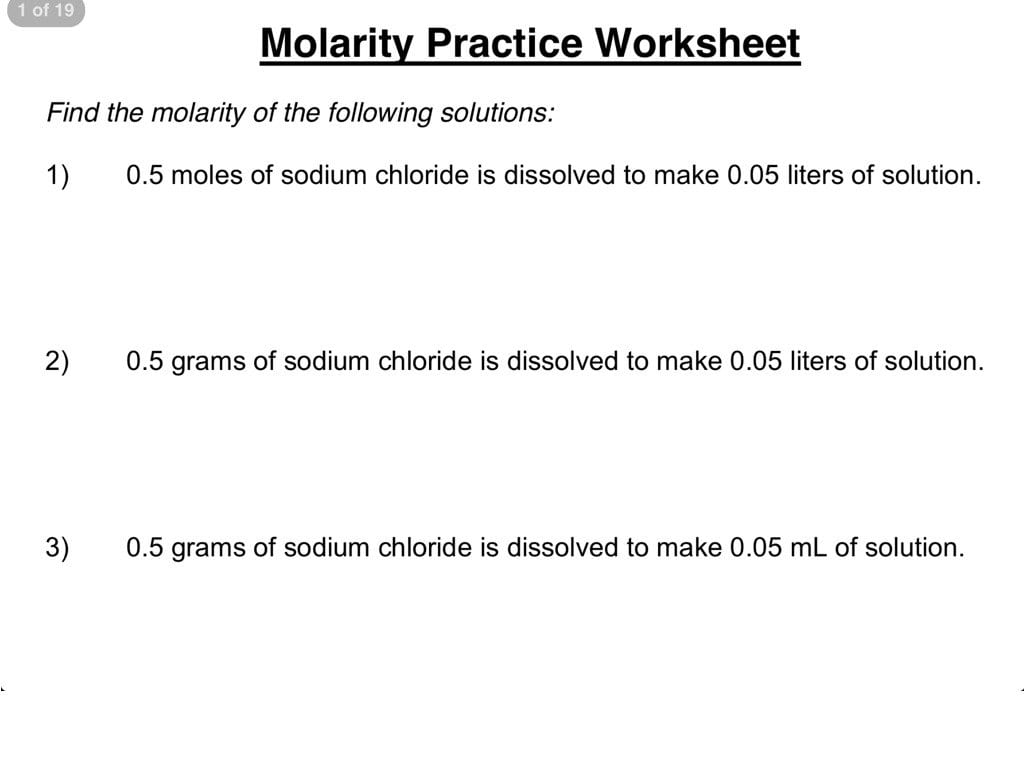 Molarity Practice Worksheet 13  Science Chemistry Solutions Or Molarity Practice Worksheet
