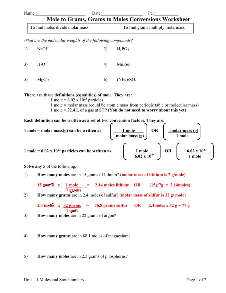 Moles To Grams Ws With Moles To Grams Worksheet