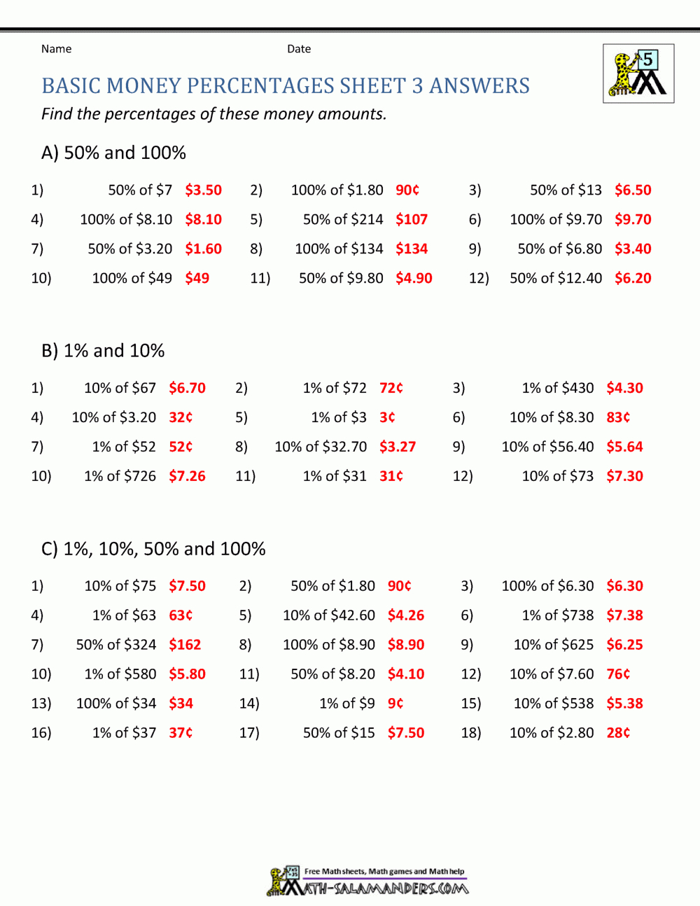 Money Percentage Worksheets In Understanding Percent Worksheet