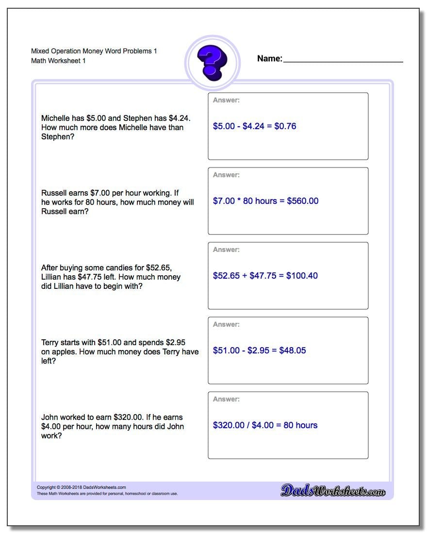 Money Word Problems As Well As Operations With Rational Numbers Worksheet