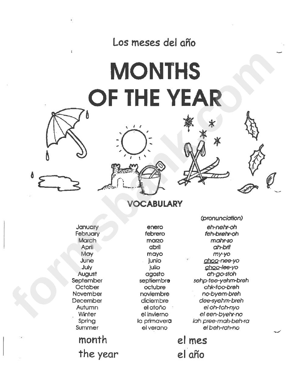 Months Of The Year  Days Of The Week Spanish Pronouns Chart Inside Spanish Days Of The Week Worksheet Pdf