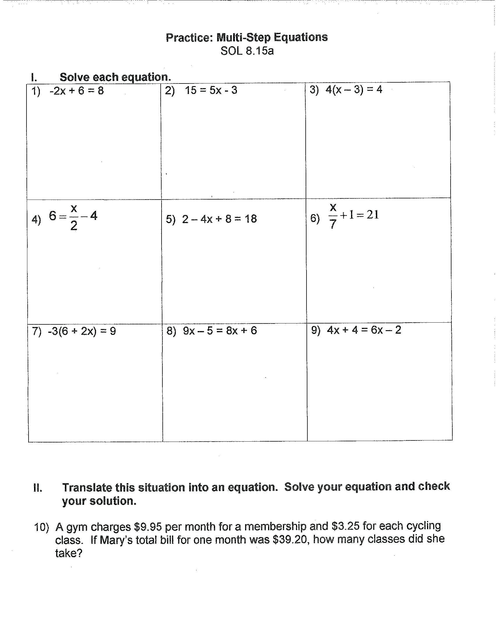 Multiple Step Equations Math Math Worksheets On Solving Equations Pertaining To Solving Equations With Variables On Both Sides With Fractions Worksheet