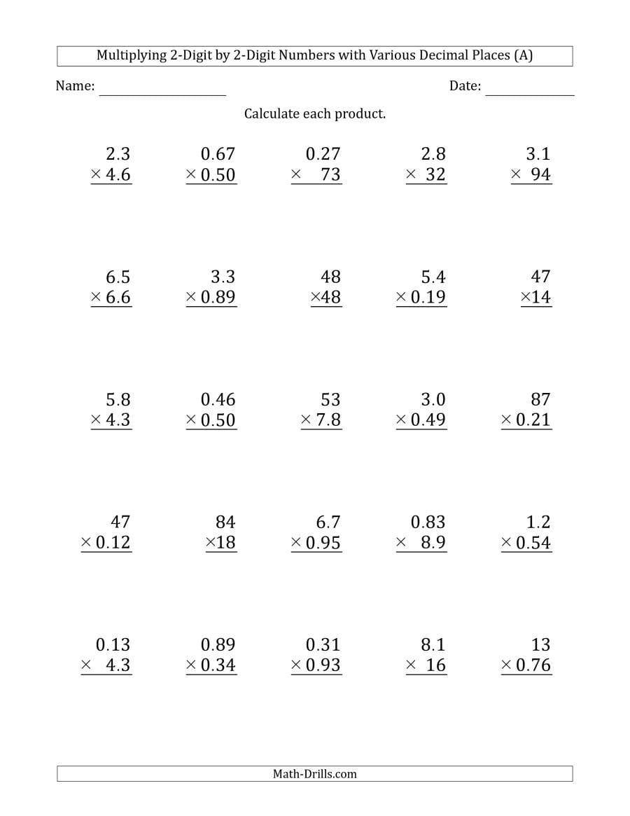 Multiplying 2Digit2Digit Numbers With Various Decimal Places A Or Multiplying Decimals By Decimals Worksheet