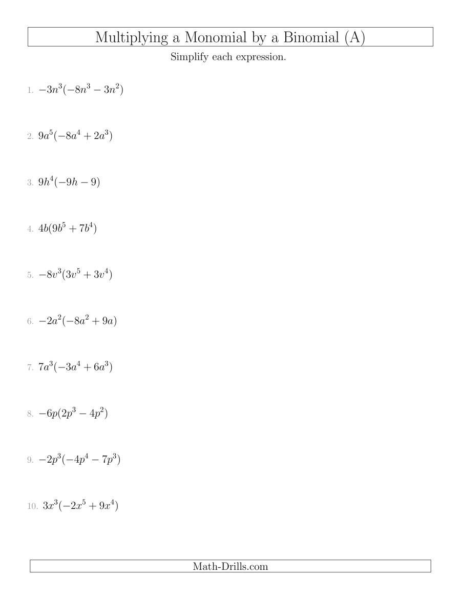 Multiplying A Monomiala Binomial A Or Multiplying Monomials Worksheet