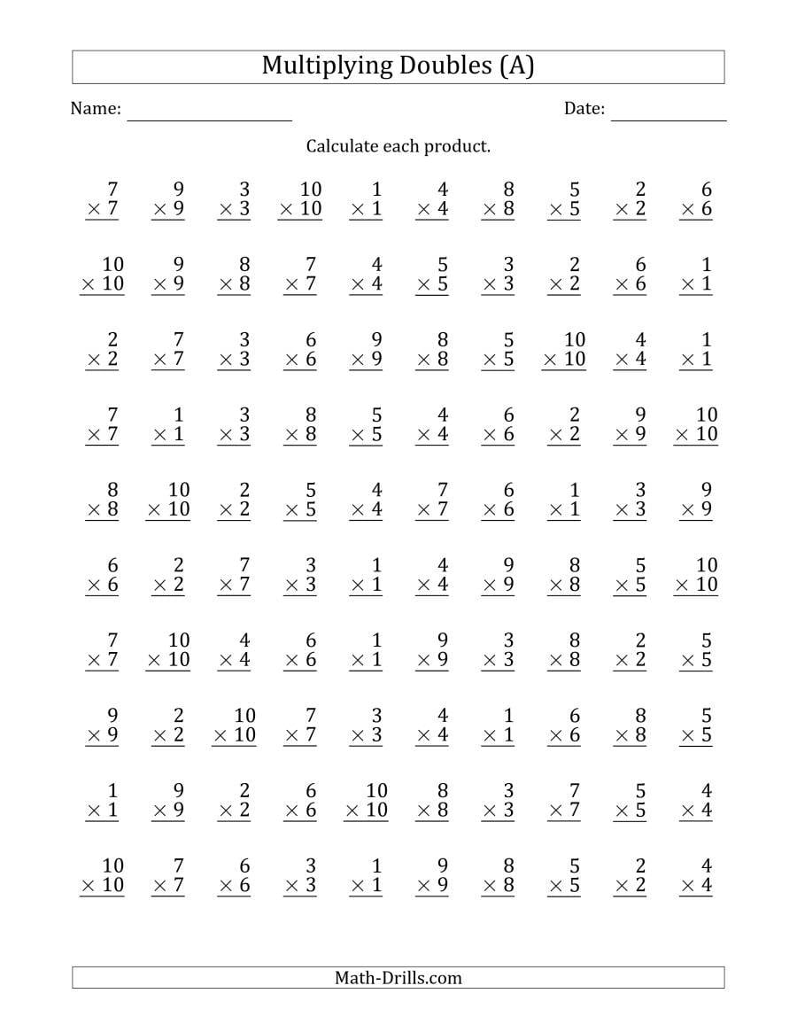 Multiplying Doubles From 1 To 10 With 100 Questions Per Page A Throughout Doubles Facts Worksheets