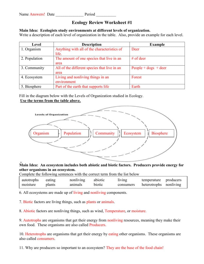 Name Also Ecology Review Worksheet 1