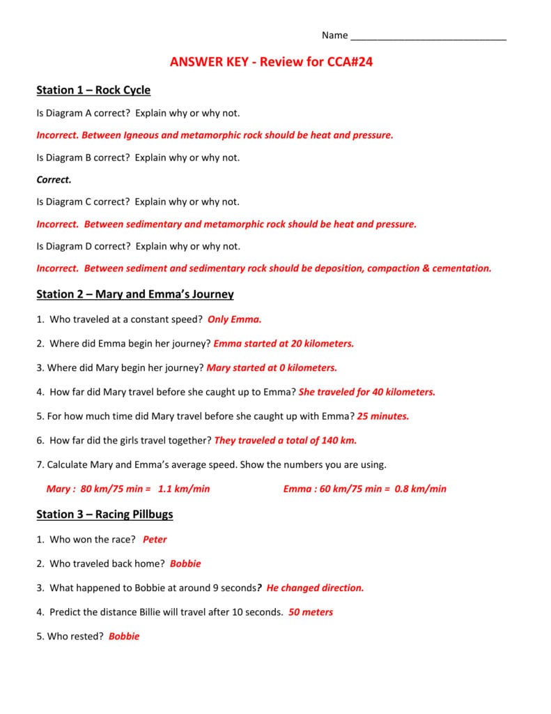 Name Answer Key  Review For Cca24 Station 1 – Rock Cycle In Rock Cycle Worksheet Answer Key