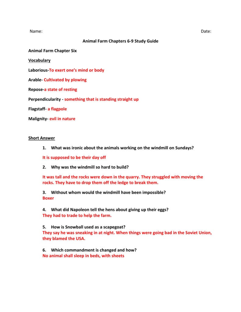 Name Date Animal Farm Chapters 6 Inside Animal Farm Chapter 7 Worksheet Answers