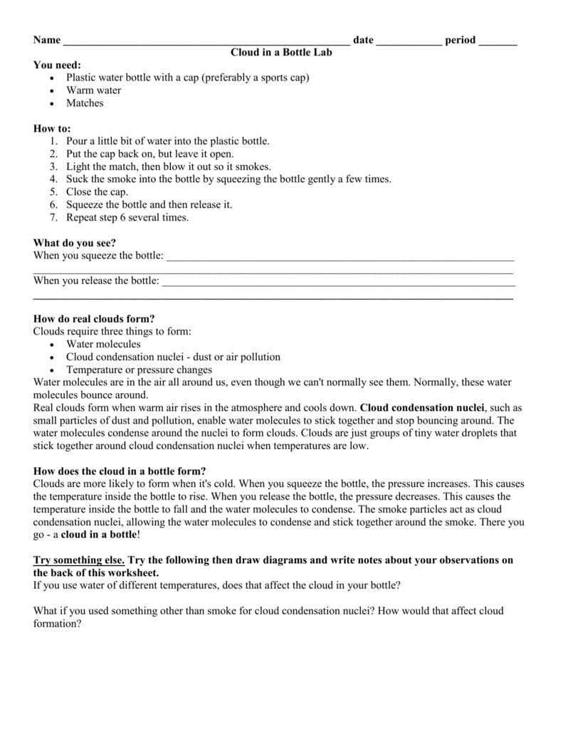Name Date  Period  Cloud In A Bottle Lab You Need Pertaining To Cloud In A Bottle Experiment Worksheet