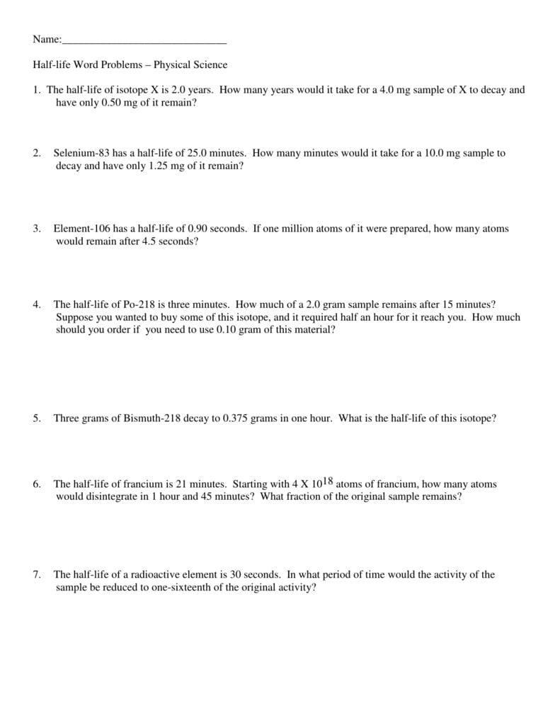 Name Halflife Word Problems – Physical For Half Life Calculations Worksheet Answers